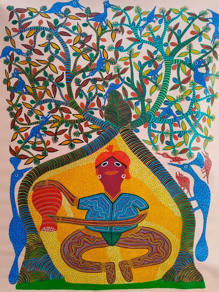 A Villager under Akshaya Vata in Bhil Painting by Bhuri Bai Thumbnail