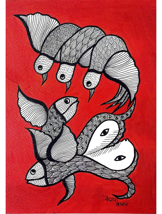 A Whimsical Dance of Imagination and Dreams: Fish and birds in Gond Painting by Kailash Pradhan Thumbnail
