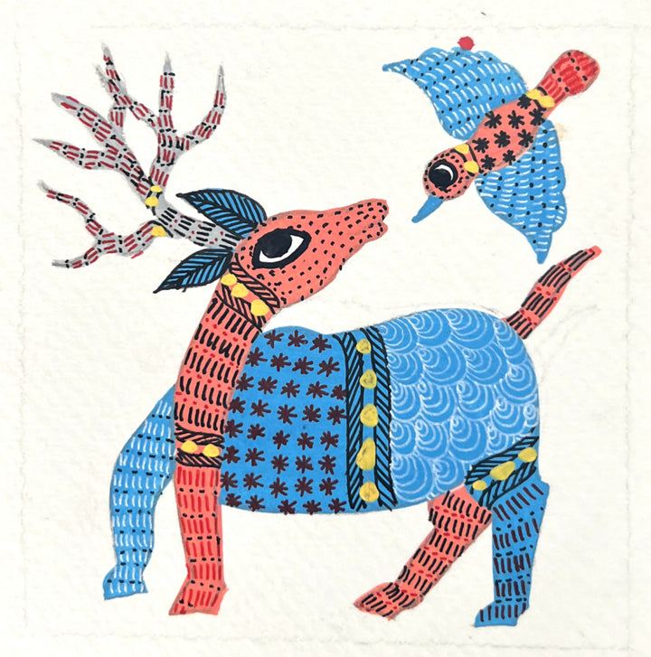 Nature's Gift: Deer and Bird in Gond by Kailash Pradhan Thumbnail