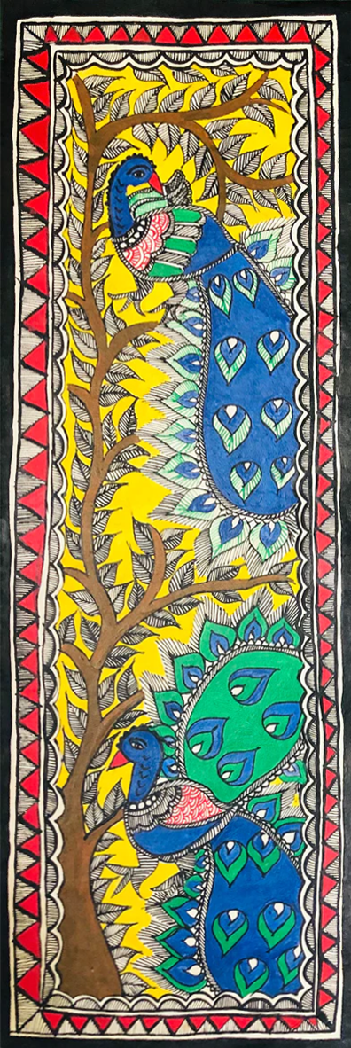 Elegance Unveiled: Twin Blue Peacocks in Nature's Embrace Madhubani art by Ambika Devi