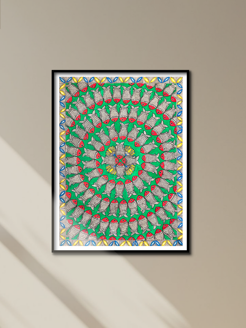 Fishes in the circle of Life, Madhubani by Ambika devi for sale