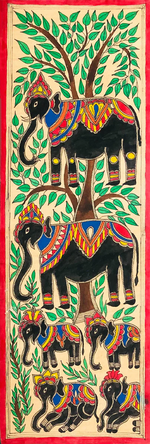 Regal Elephants Embracing the Tree of Life Madhubani Painting by Ambika Devi