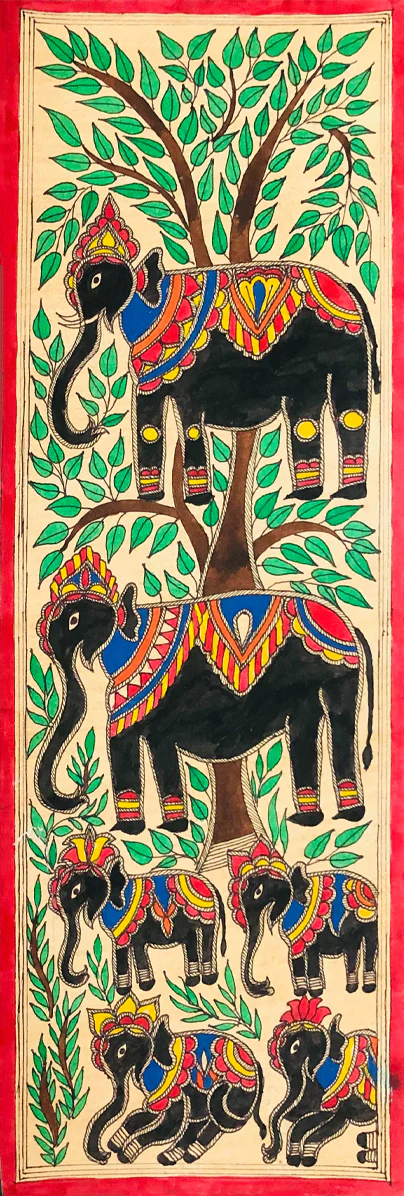 Regal Elephants Embracing the Tree of Life Madhubani Painting by Ambika Devi