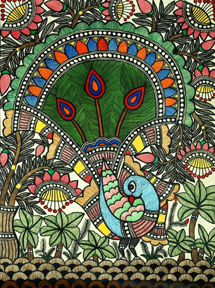Dancing Peacock Madhubani Painting by Ambika Devi Thumbnail