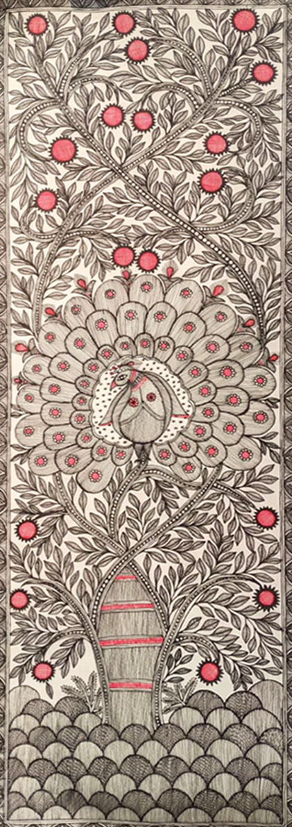Peacock on a Tree of Life Madhubani Painting by Ambika Devi Thumbnail