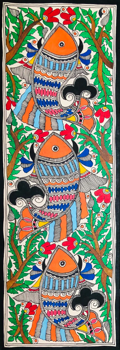 Nature's Tapestry: Fishes of Prosperity on the Tree of Life Madhubani Painting by Ambika Devi