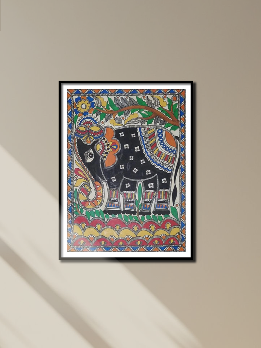 Elephant in Nature Madhubani Painting by Ambika Devi for sale