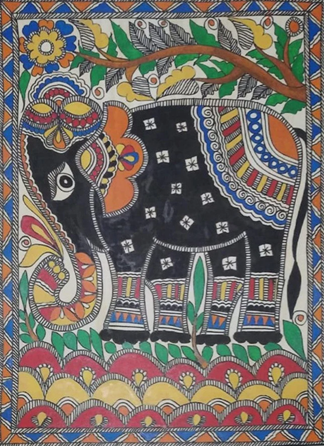 Elephant in Nature Madhubani Painting by Ambika Devi Thumbnail