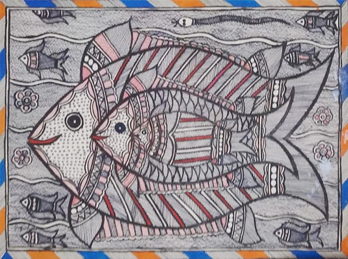 Aqua Symphony: Ambika Devi's Monochromatic Fishes in Madhubani Painting Thumbnail