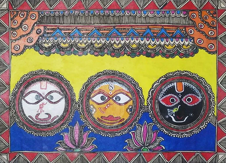 Jagannath Trio Madhubani Painting by Ambika Devi Thumbnail