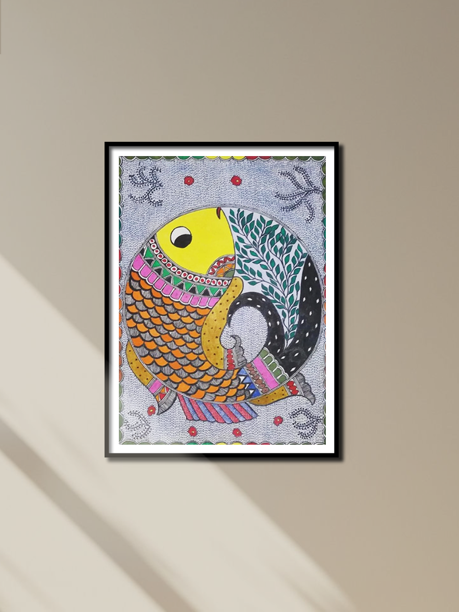 Fish and harmony Madhubani Painting by Ambika Devi for sale