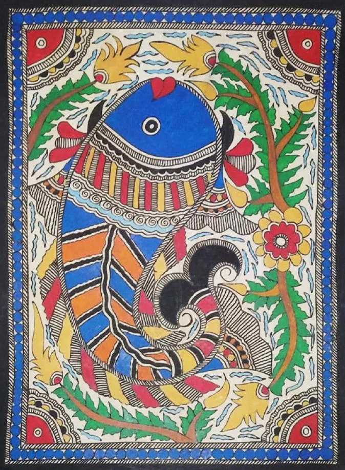 Dancing Hues: Ambika Devi's Aquatic Symphony in Madhubani Painting Thumbnail