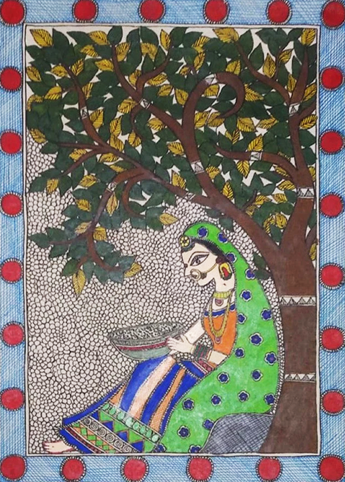 Vivid Reverie: Ambika Devi's 'Tree of Life' Madhubani Painting