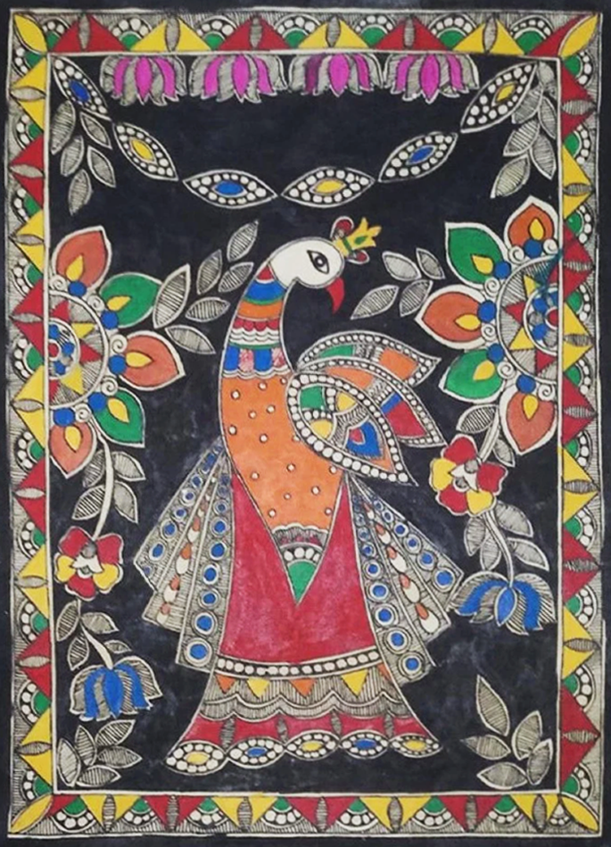 Vivid Peacock Madhubani Painting By Ambika Devi Thumbnail