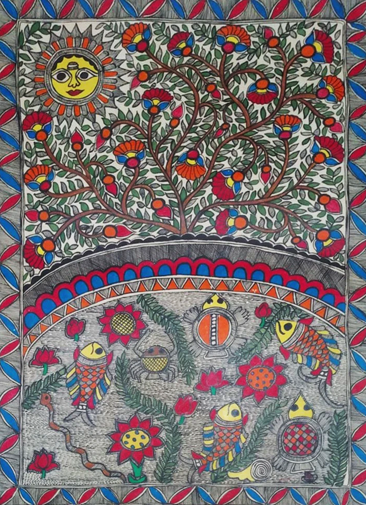 Harmonious Nature Madhubani painting by Ambika Devi Thumbnail