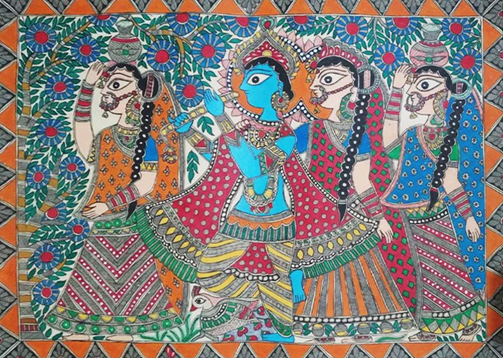 Raas Leela Madhubani painting by Ambika Devi Thumbnail