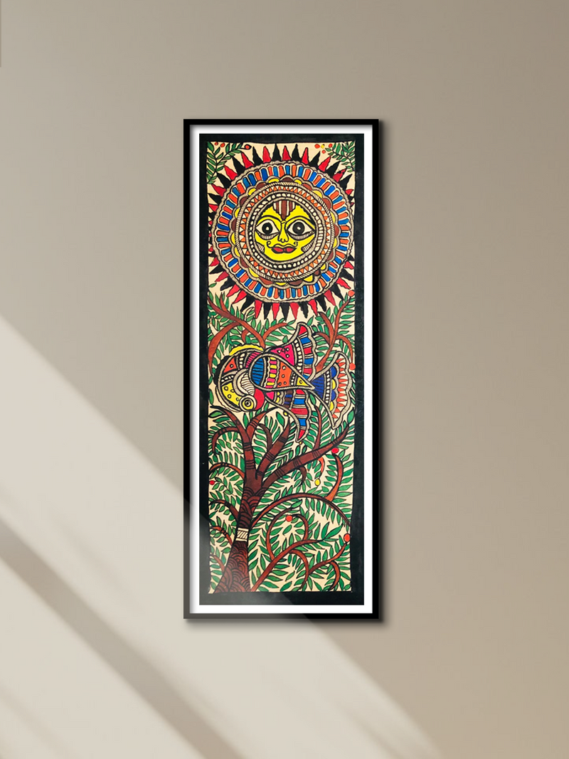 Glorious Union: Sun God's Brilliance Meets Peacock's Grace Madhubani art by Ambika Devi