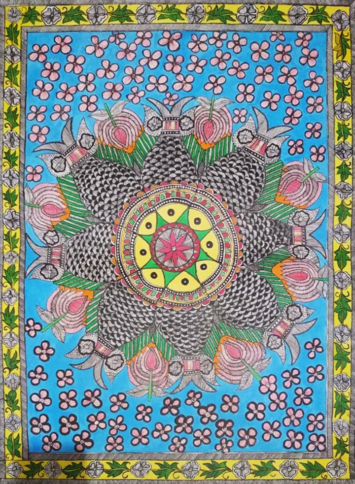 Circle of Fishes Madhubani painting by Ambika Devi Thumbnail