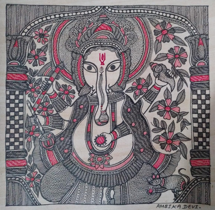 Blossoming Ganesha Madhubani Painting By Ambika Devi Thumbnail