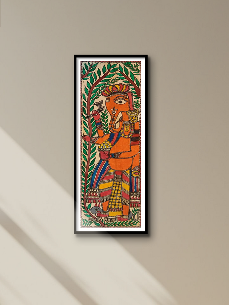 Ganesha in Greens Madhubani Painting by Ambika Devi for sale