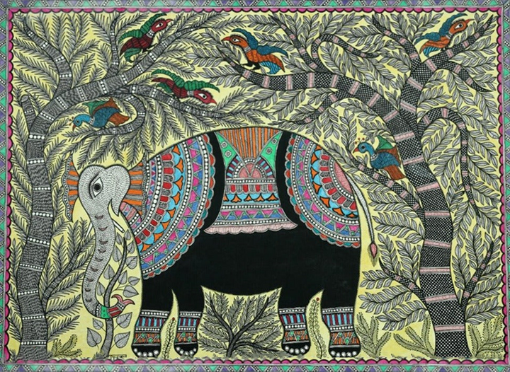 The Giant Royal Elephant Madhubani Painting by Ambika Devi Thumbnail