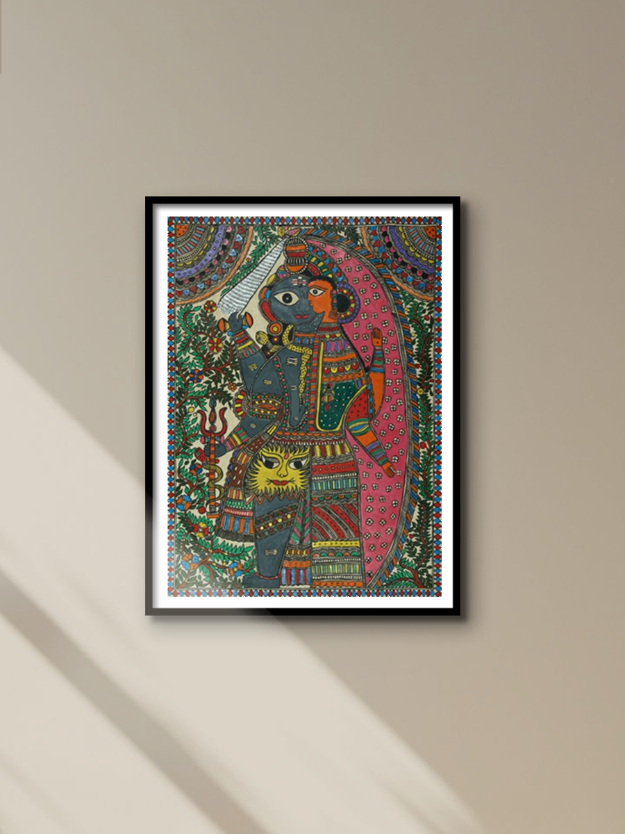 Shiv and Parvati in Vivid Colours Madhubani Painting by Ambika Devi for sale