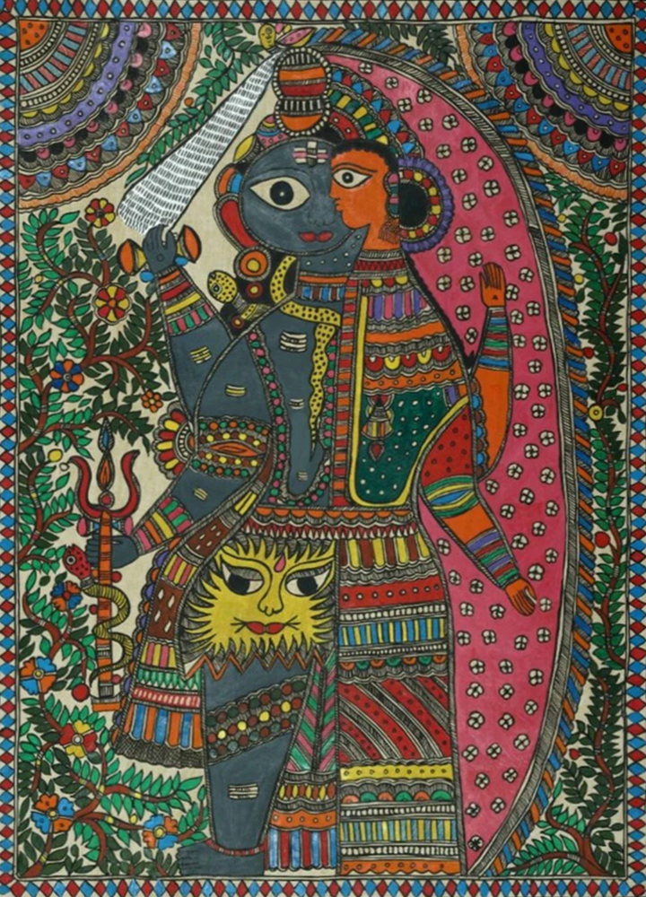 Shiv and Parvati in Vivid Colours Madhubani Painting by Ambika Devi Thumbnail