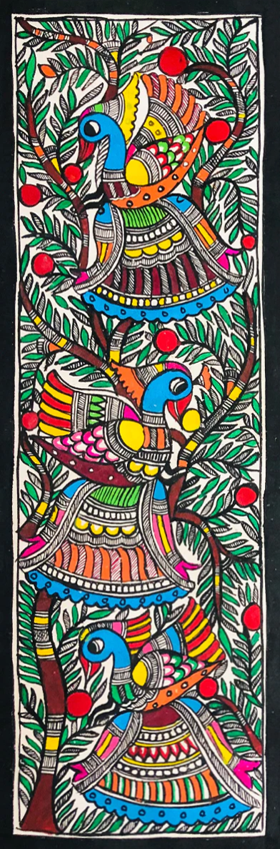 The Artistry of Nature: Peacocks Painted on a Serene Tree Madhubani Painting by Ambika Devi
