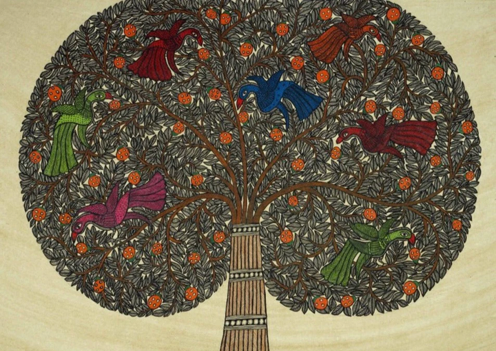 Birds in the Tree Madhubani Painting by Ambika Devi Thumbnail