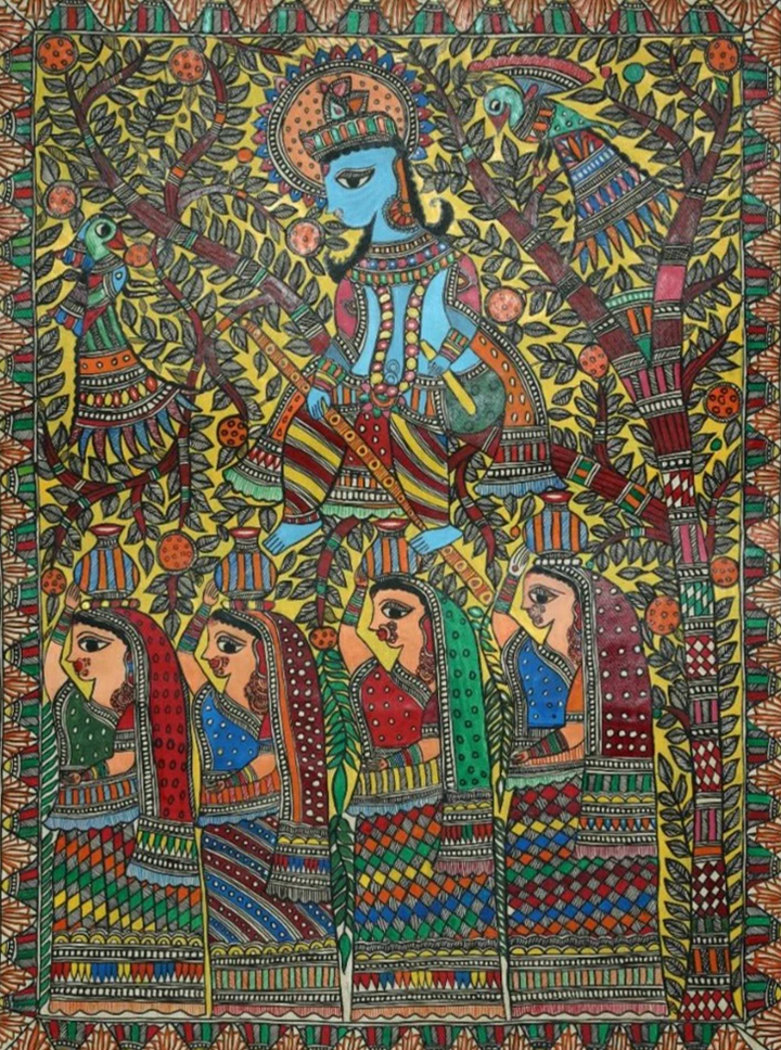 Krishna And Gopis Madhubani Painting by Ambika Devi Thumbnail