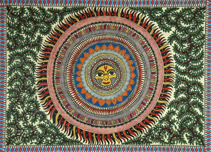 Shining Sun Madhubani Painting by Ambika Devi Thumbnail