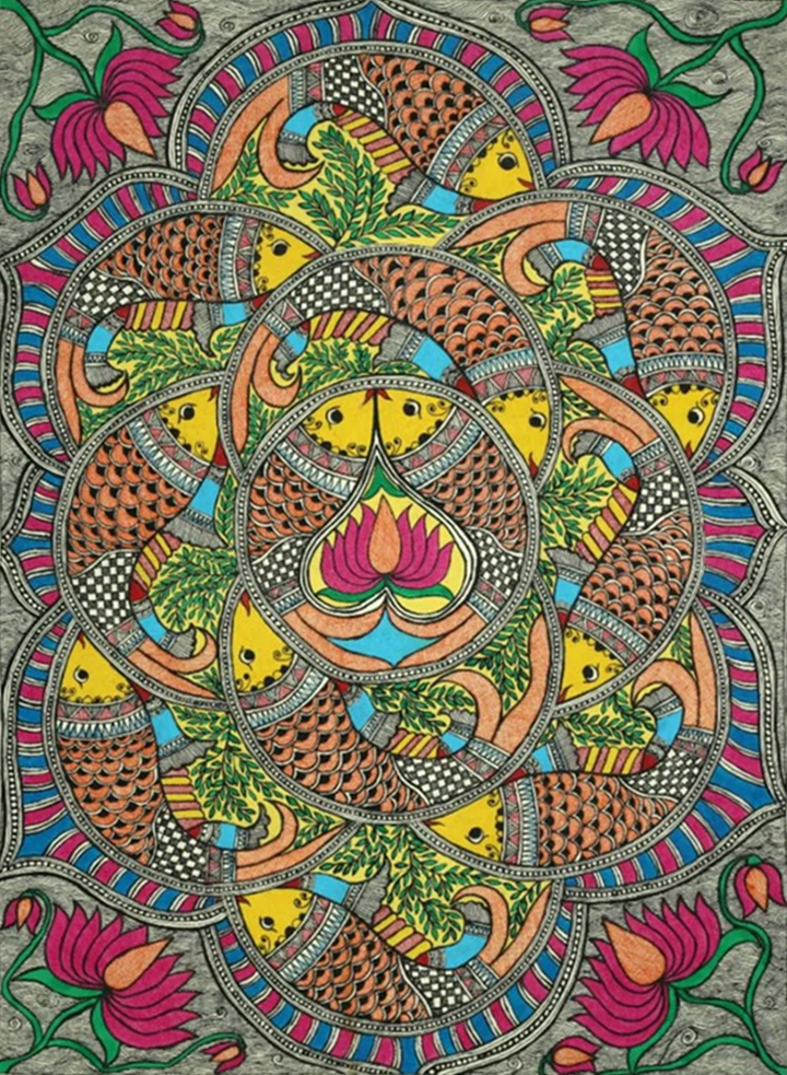 Fishes in a Pond Madhubani Painting by Ambika Devi Thumbnail