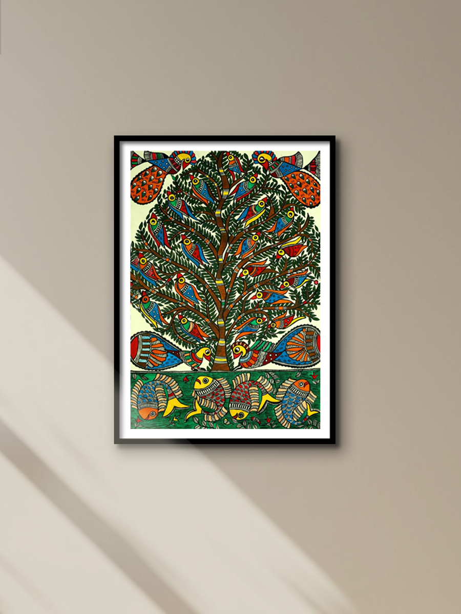 Fins And Flights on Tree of Life, Madhubani Painting by Ambika Devi for sale