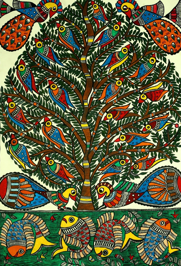 Fins And Flights on Tree of Life, Madhubani Painting by Ambika Devi Thumbnail