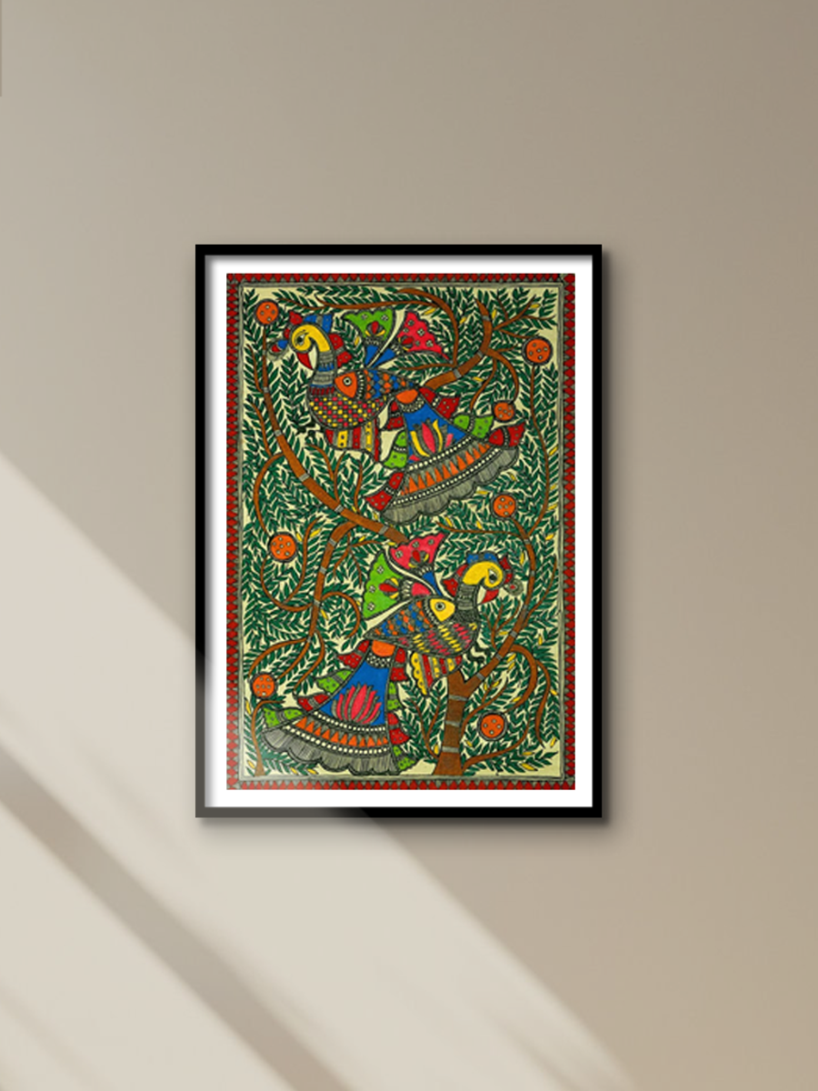 Climbing Peacocks Madhubani Painting by Ambika Devi for sale