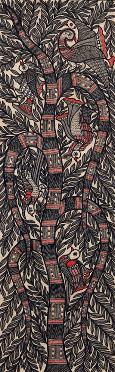 Monochromatic Tree of Life Madhubani Painting by Ambika Devi Thumbnail