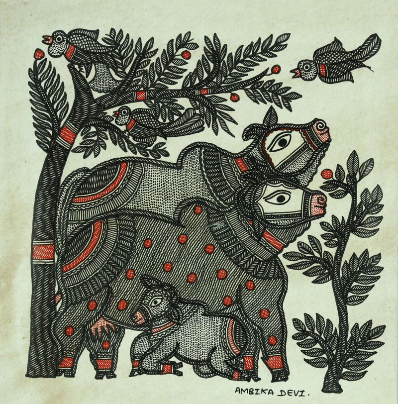 Buy Bovine Lovebirds Madhubani Painting By Ambika Devi