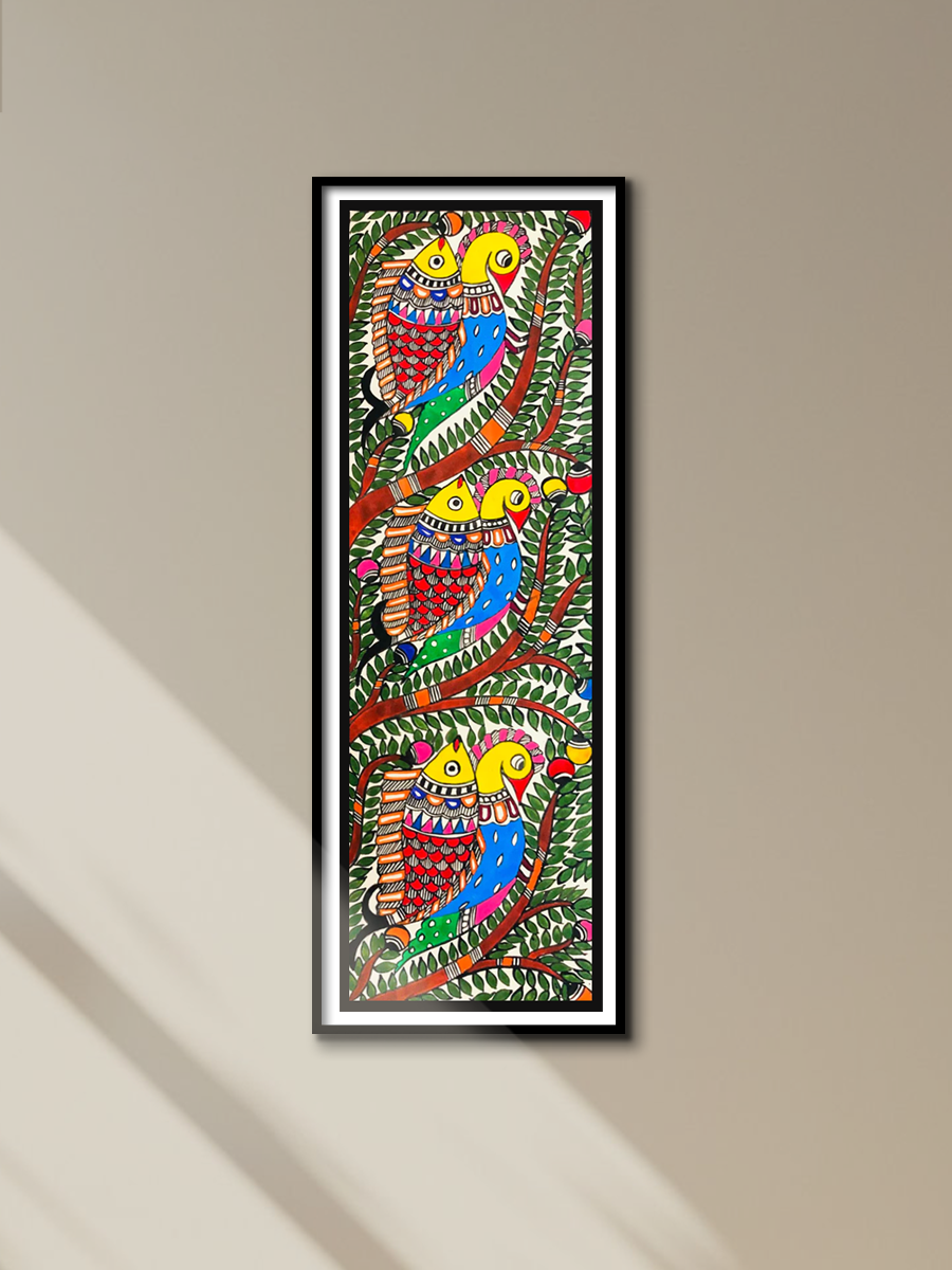 Mystical Fusion: Peacocks and Fish Dance on the Tree of Harmony, Madhubani Painting by Ambika Devi