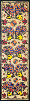 Aqua Harmony: Pairs of Fishes Amidst Lotus Blooms Madhubani Painting by Ambika Devi