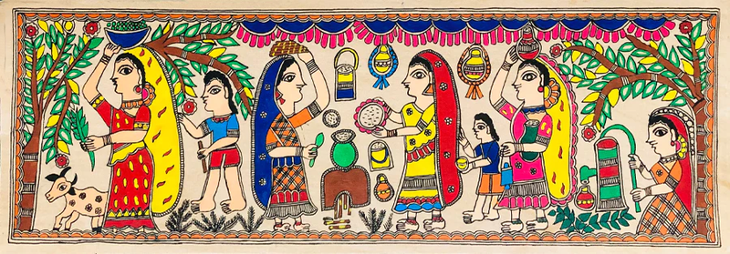 Village Rhythms: Women's Chores and Children's Laughter Madhubani Painting by Ambika Devi