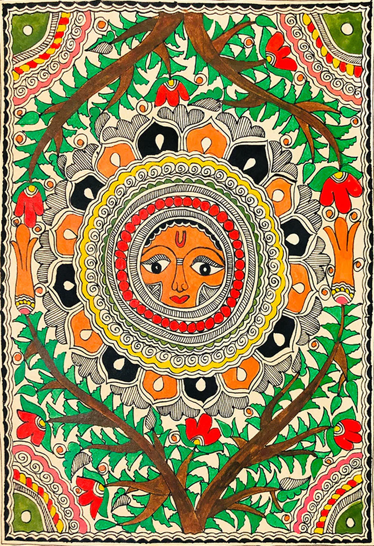 The Glory of Surya Dev, Madhubani Painting by Ambika Devi