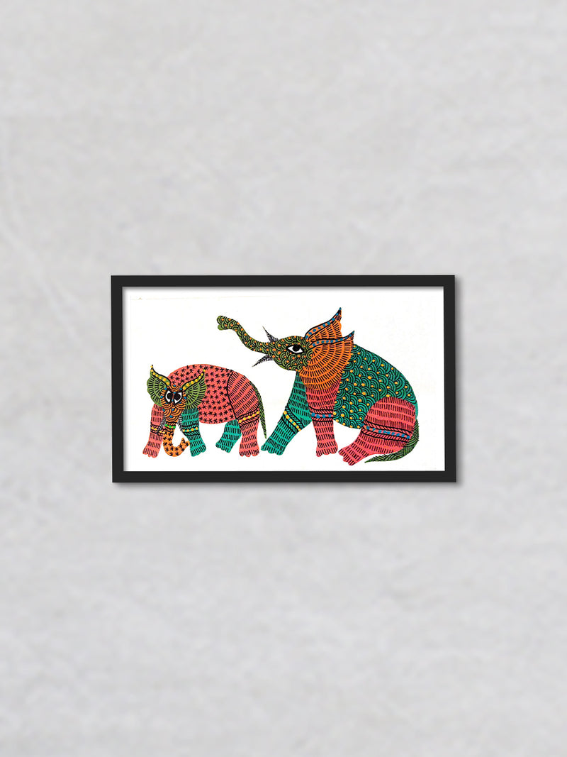 A Meeting of Majesty Two Elephants in Vivid Splendor Gond Painting by Kailash Pradhan
