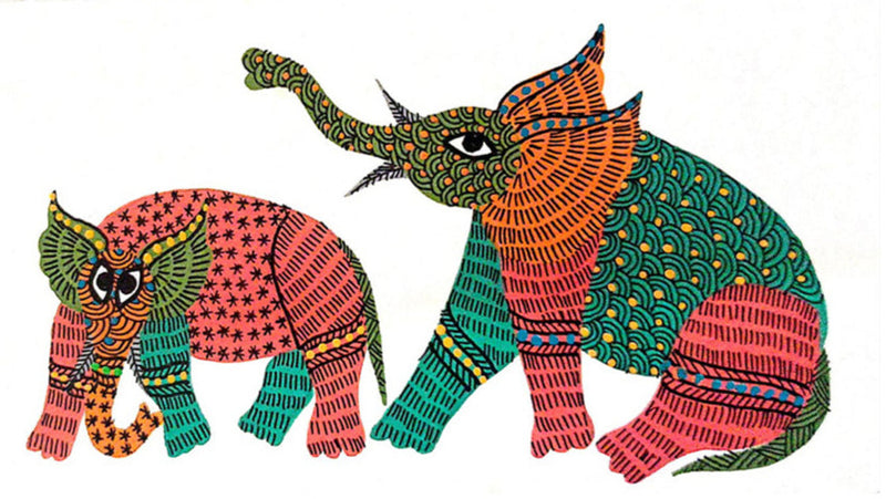 Buy A Meeting of Majesty Two Elephants in Vivid Splendor Gond Painting by Kailash Pradhan