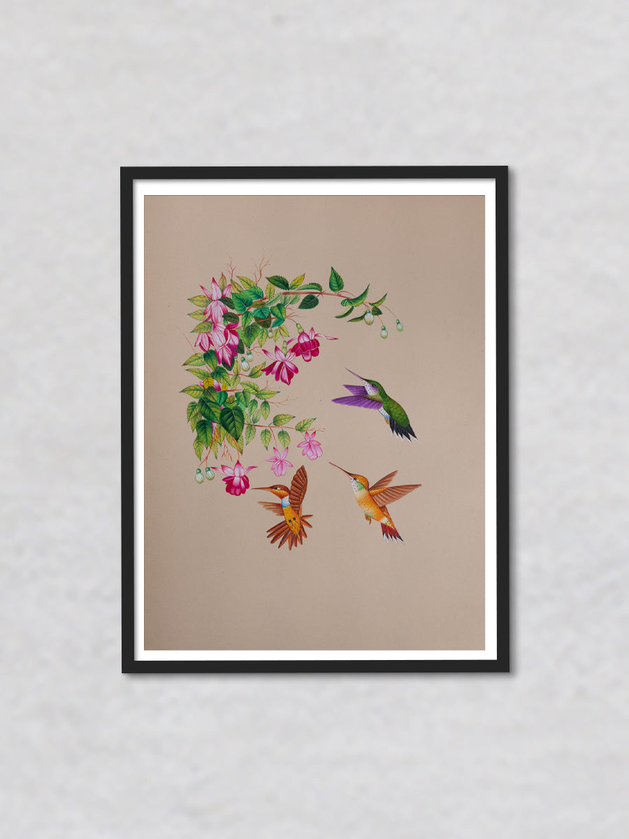 A Mughal Miniature of Hummingbirds and Floral Beauty by Mohan Prajapati