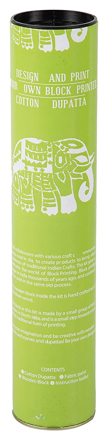 POTLI Handmade Wooden Block Print DIY Craft Kit  Dupatta -Green Elephant (For All Ages)