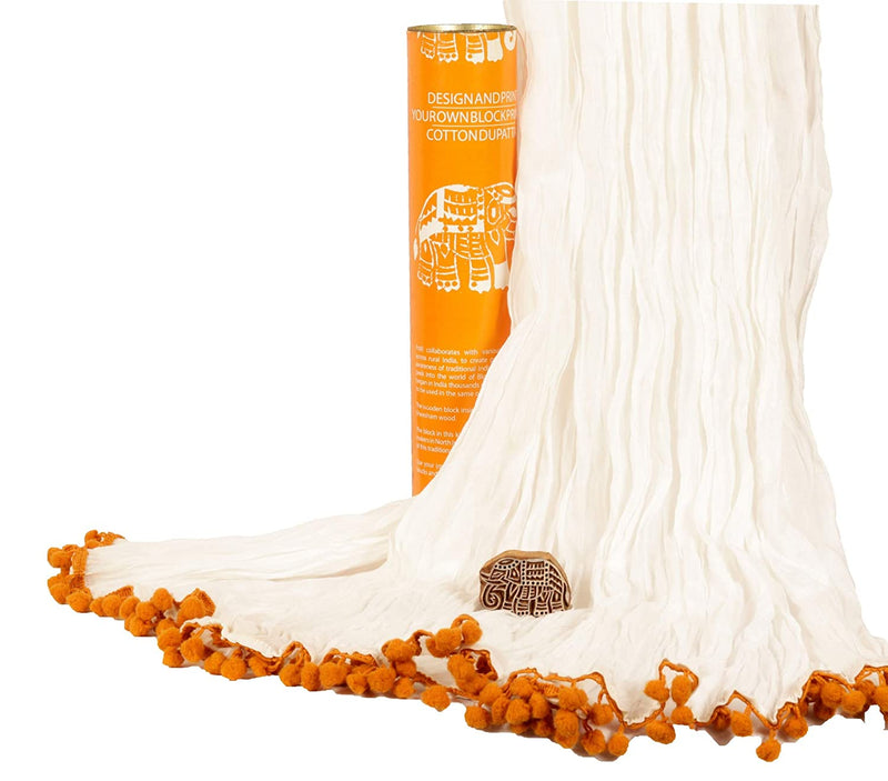 POTLI Handmade Wooden Block Print DIY Craft Kit  Dupatta -Orange Elephant (For All Ages)