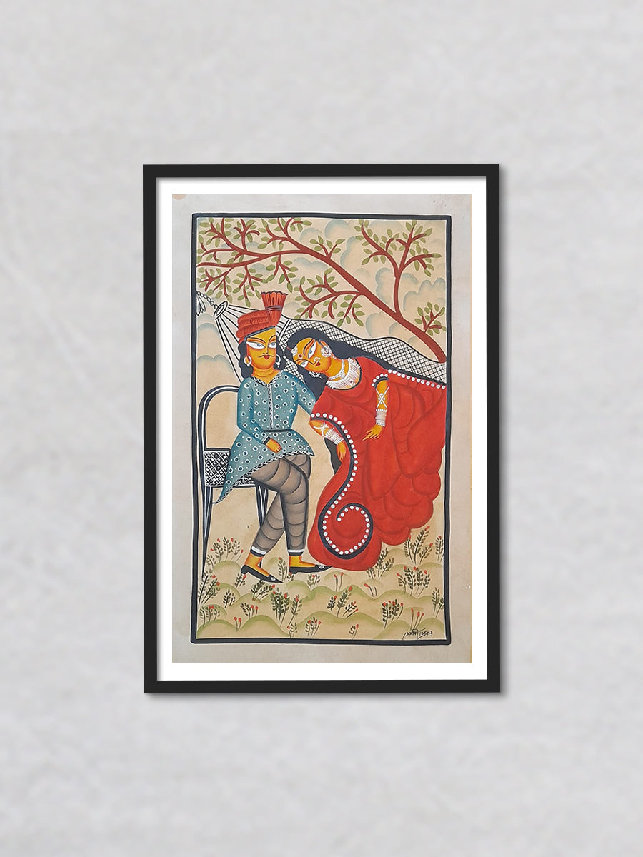 A Symphony of Love A Khalighat Painting of a Swing's Embrace by Sonali Chitrakar