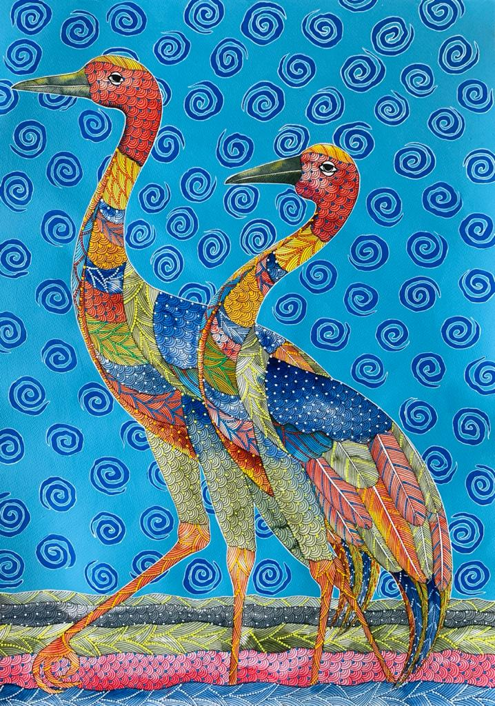 Allure of Saras Birds: A Gond Painting by Venkat Shyam Thumbnail