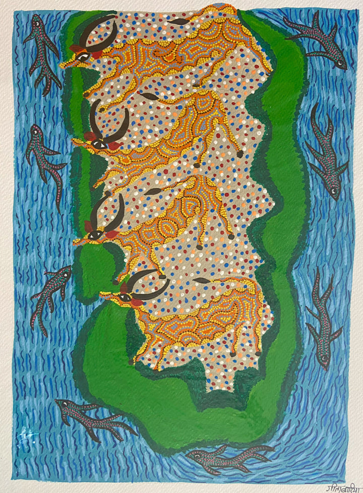 Animal Interaction, Bhil Art by Geeta Bariya Thumbnail