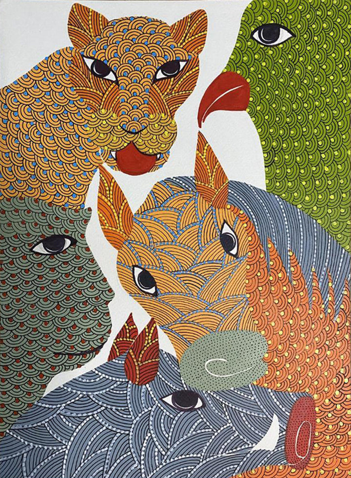 The Jungle Party: Animals in Gond Painting by Venkat Shyam Thumbnail